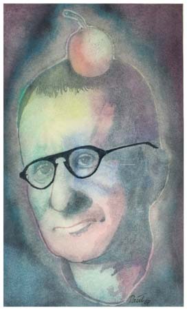 Bertolt Brecht mit Brille und Apfel